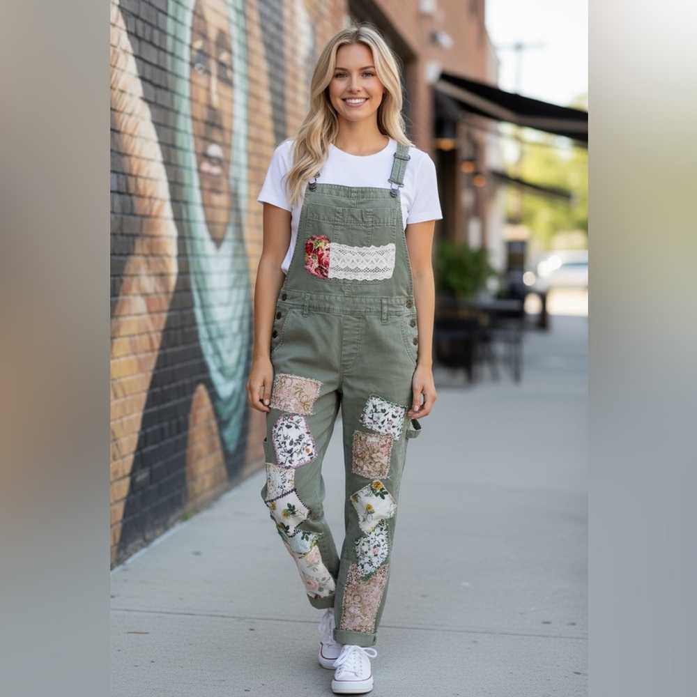 Abercrombie & Fitch Patchwork Bib Overalls S – Upcycled Hand-Stitched Y2K Boho
